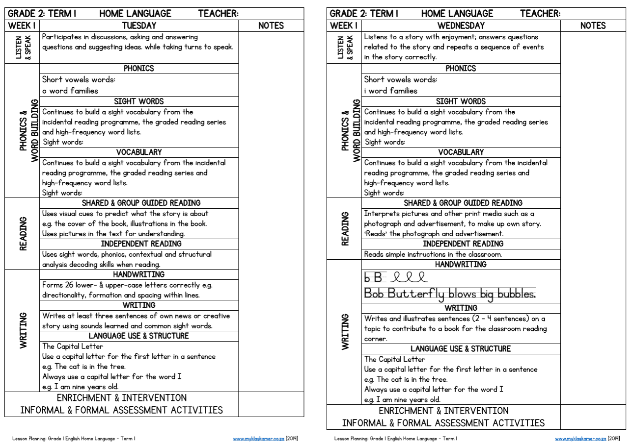 Grade 2 Lesson Planning Home Language Term 1 - My Klaskamer
