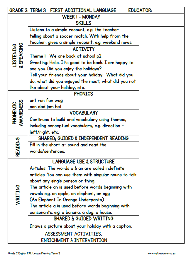 Grade 2 English FAL Lesson Planning Term 3 - My Klaskamer
