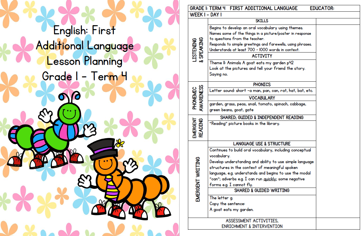 Grade 1 English FAL Lesson Planning Term 4 - My Klaskamer