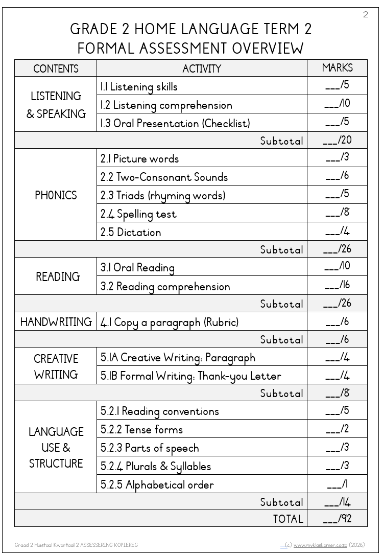 (2026) Grade 2 Home Language Term 2 Assessment - My Klaskamer
