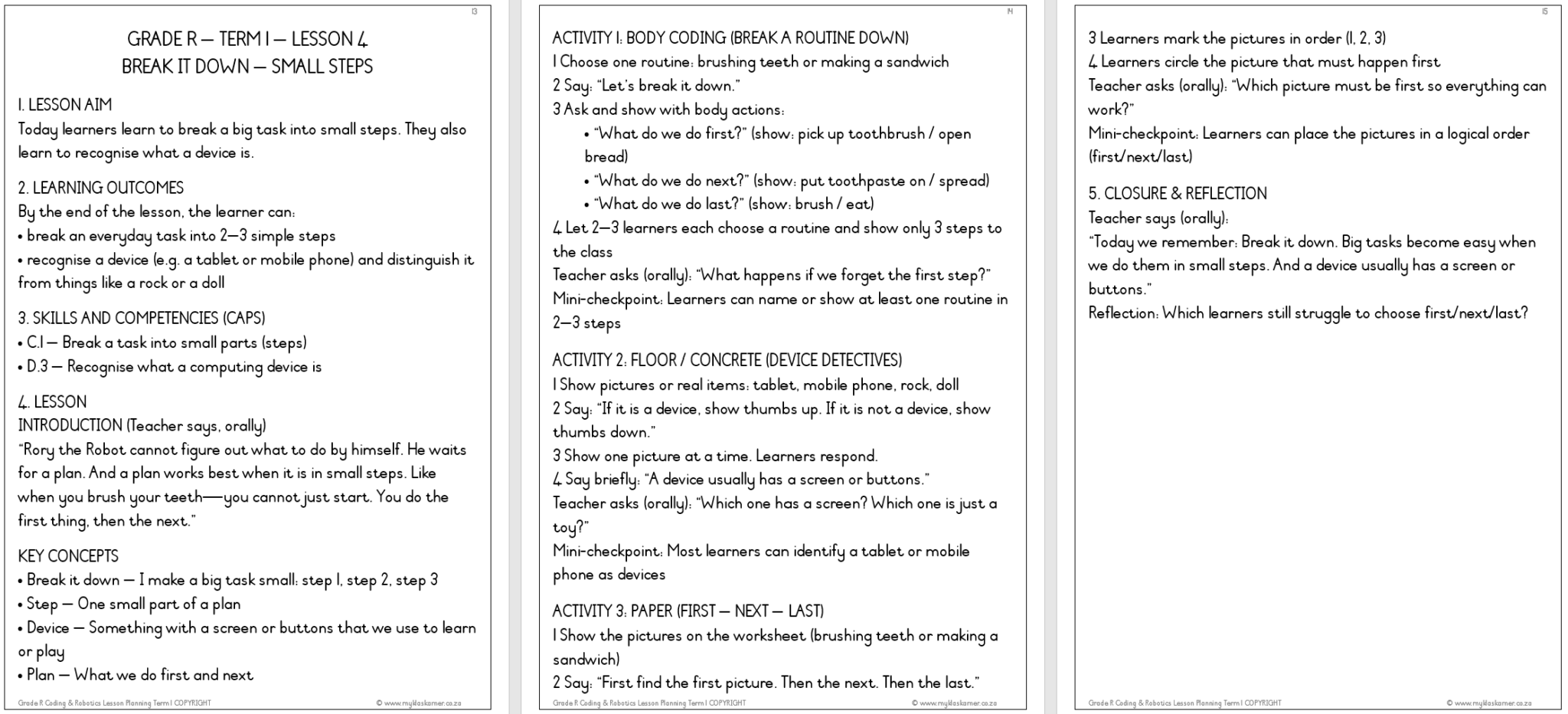 Grade R Robort Lesson Grade R Coding & Robotics Lesson Planning & Worksheets Term 1 - My ...
